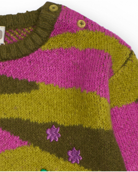 Knit sweater for girls in olive green and fuchsia with embroidered floral details.