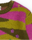Knit sweater for girls in olive green and fuchsia with embroidered floral details. Knit sweater for girls in olive green and fuchsia with embroidered floral details.