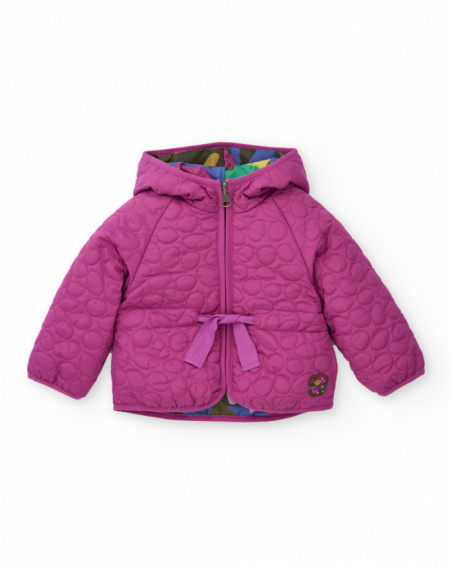 Padded jacket for girls in fuchsia with hood and bow belt.
