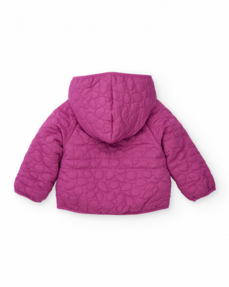 Padded jacket for girls in fuchsia with hood and bow belt.