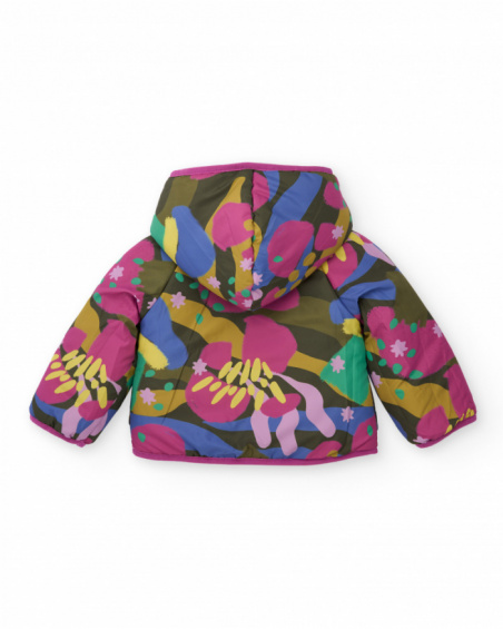 Padded jacket for girls in fuchsia with hood and bow belt.