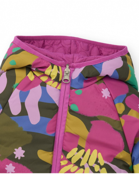 Padded jacket for girls in fuchsia with hood and bow belt.