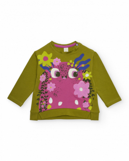 Long-sleeved t-shirt for girls in green with floral monster print. Long-sleeved t-shirt for girls in green with floral monster print.