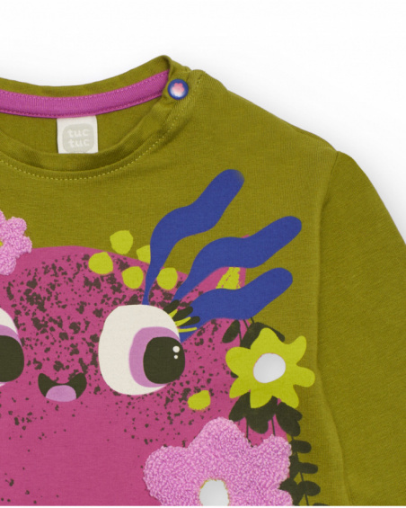 Long-sleeved t-shirt for girls in green with floral monster print. Long-sleeved t-shirt for girls in green with floral monster print.