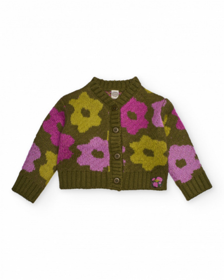 Knit cardigan for girls in green with pink and yellow flower print. Knit cardigan for girls in green with pink and yellow flower print.