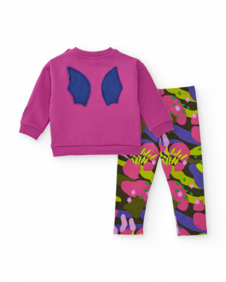 Set of sweatshirt and leggings for girls in fuchsia and multicolor tones with a fun print. Set of sweatshirt and leggings for girls in fuchsia and multicolor tones with a fun print.