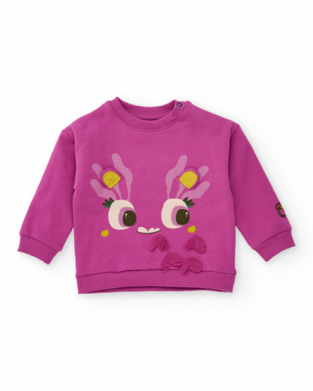 Fuchsia sweatshirt for girls with monster face design and 3D applications. Fuchsia sweatshirt for girls with monster face design and 3D applications.