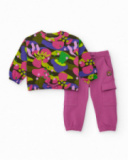Set for girls with multicolor printed sweatshirt and fuchsia pants with pockets. Set for girls with multicolor printed sweatshirt and fuchsia pants with pockets.