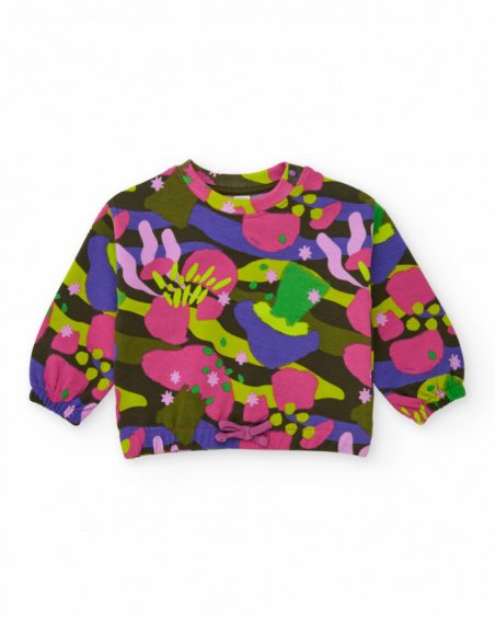 Sweatshirt for girls with multicolor floral-inspired print and decorative bow. Sweatshirt for girls with multicolor floral-inspired print and decorative bow.