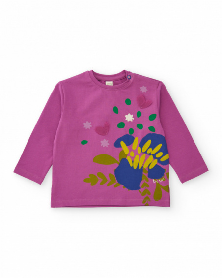 Long-sleeved t-shirt for girls in fuchsia with floral print and raised butterflies. Long-sleeved t-shirt for girls in fuchsia with floral print and raised butterflies.