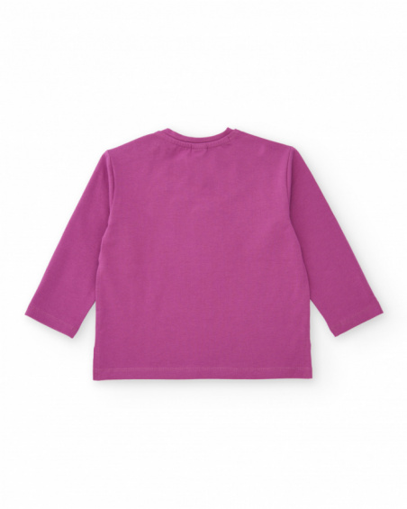 Long-sleeved t-shirt for girls in fuchsia with floral print and raised butterflies. Long-sleeved t-shirt for girls in fuchsia with floral print and raised butterflies.