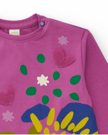 Long-sleeved t-shirt for girls in fuchsia with floral print and raised butterflies. Long-sleeved t-shirt for girls in fuchsia with floral print and raised butterflies.