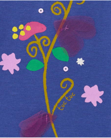 Long-sleeved t-shirt for girls in blue with multicolor floral print.