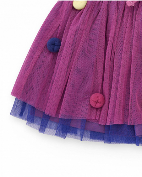 Tulle skirt for girls in fuchsia with multicolor button appliqués. Tulle skirt for girls in fuchsia with multicolor button appliqués.