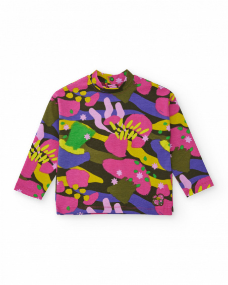 Long-sleeved t-shirt for girls with multicolor floral print and high neck.