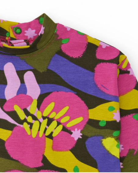 Long-sleeved t-shirt for girls with multicolor floral print and high neck.