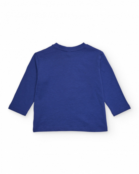 Long-sleeved T-shirt for boys in blue with fun creature print and text. Long-sleeved T-shirt for boys in blue with fun creature print and text.