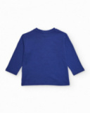 Long-sleeved T-shirt for boys in blue with fun creature print and text. Long-sleeved T-shirt for boys in blue with fun creature print and text.