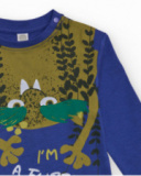 Long-sleeved T-shirt for boys in blue with fun creature print and text. Long-sleeved T-shirt for boys in blue with fun creature print and text.