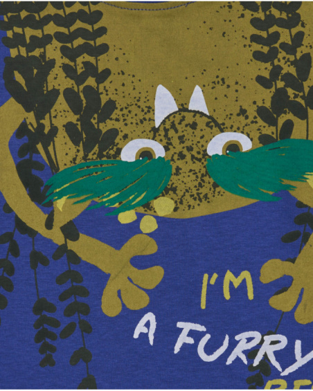 Long-sleeved T-shirt for boys in blue with fun creature print and text. Long-sleeved T-shirt for boys in blue with fun creature print and text.