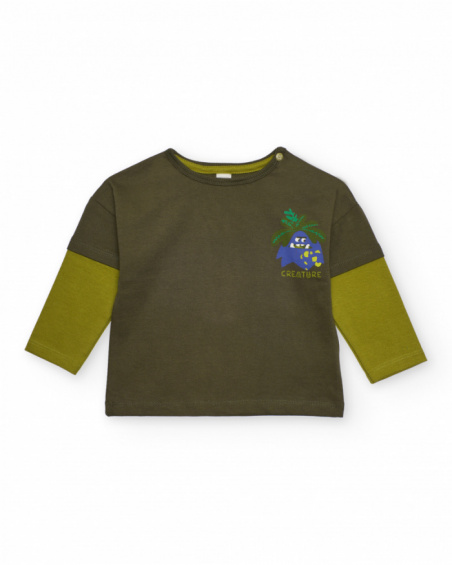 Long-sleeved T-shirt for boys in olive green with creature print and double-sleeve effect.