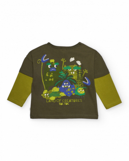 Long-sleeved T-shirt for boys in olive green with creature print and double-sleeve effect.