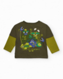 Long-sleeved T-shirt for boys in olive green with creature print and double-sleeve effect. Long-sleeved T-shirt for boys in olive green with creature print and double-sleeve effect.