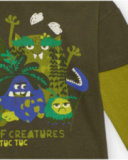 Long-sleeved T-shirt for boys in olive green with creature print and double-sleeve effect. Long-sleeved T-shirt for boys in olive green with creature print and double-sleeve effect.