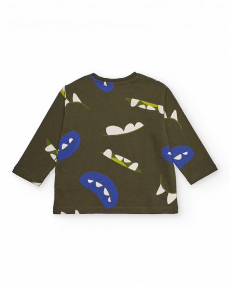 Long-sleeved T-shirt for boys in olive green with monster mouth print in vibrant colors.