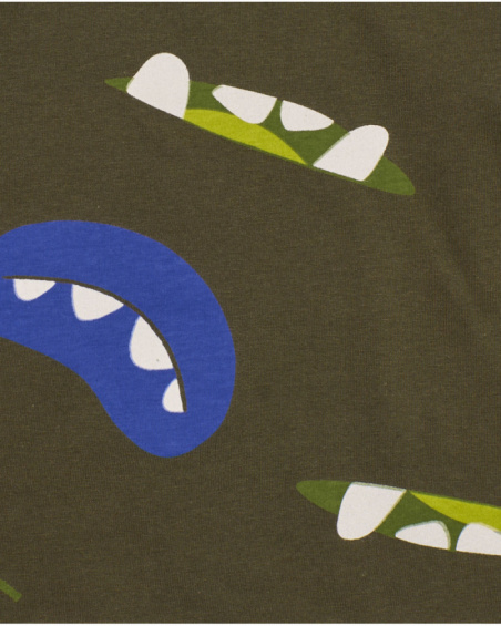 Long-sleeved T-shirt for boys in olive green with monster mouth print in vibrant colors.