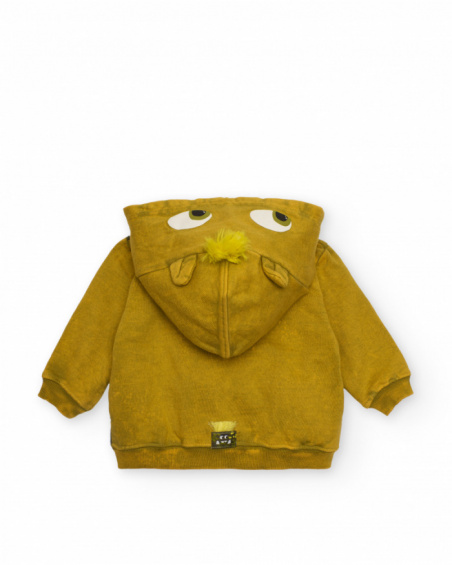 Mustard-colored sweatshirt for boys with monster design on the hood and camouflage print.