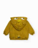 Mustard-colored sweatshirt for boys with monster design on the hood and camouflage print. Mustard-colored sweatshirt for boys with monster design on the hood and camouflage print.