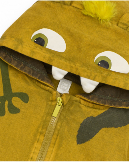 Mustard-colored sweatshirt for boys with monster design on the hood and camouflage print.