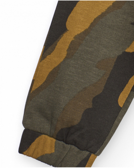 Jogger pants for boys with camouflage print in green and mustard tones.