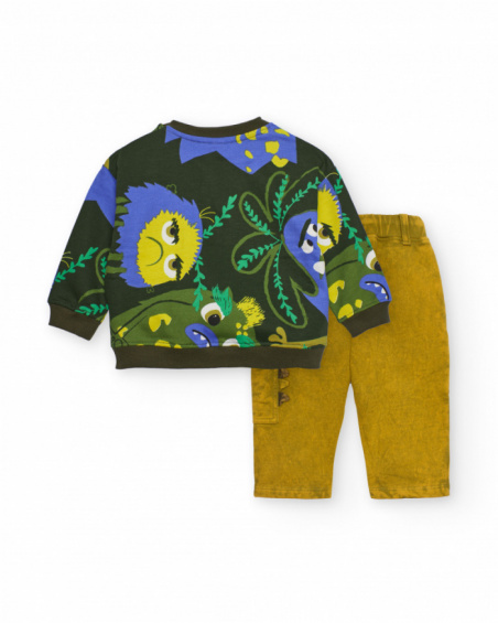 Boys' set with sweatshirt printed with fun creatures and mustard-colored pants.