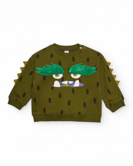 Green sweatshirt for boys with monster print and raised details.