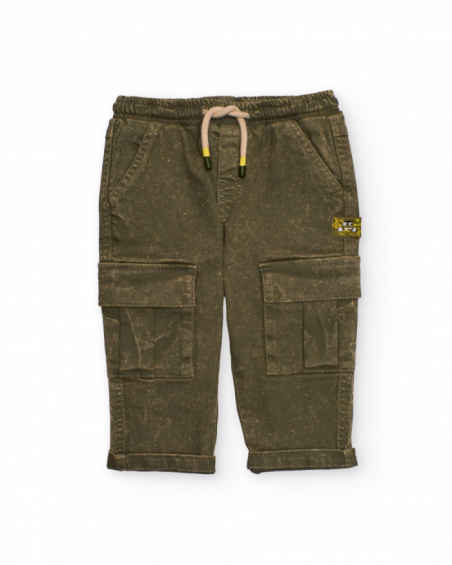 Boys' cargo pants in olive green with a washed effect. Boys' cargo pants in olive green with a washed effect.