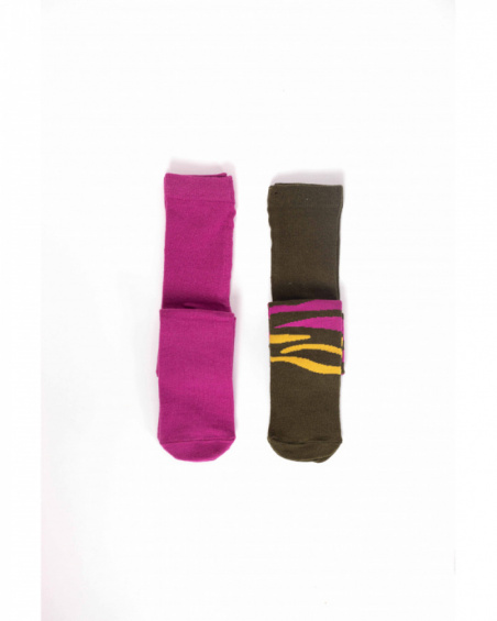 Pack of two girls' tights in fuchsia and green with printed design. Pack of two girls' tights in fuchsia and green with printed design.