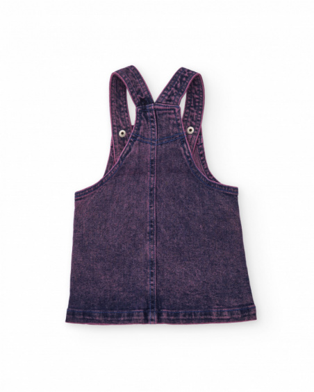Girls' denim pinafore dress in indigo tone with washed finish and heart details. Girls' denim pinafore dress in indigo tone with washed finish and heart details.
