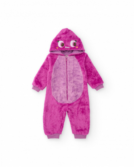 Baby girl fuchsia romper with plush texture and fun hood