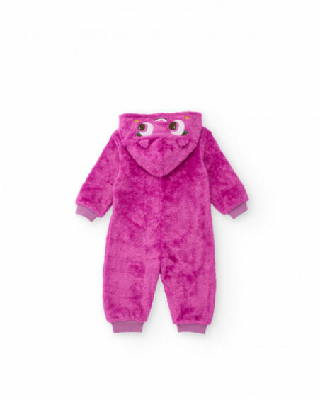 Baby girl fuchsia romper with plush texture and fun hood