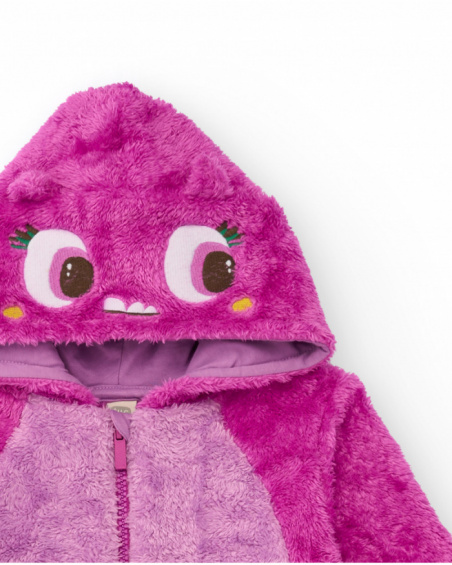 Baby girl fuchsia romper with plush texture and fun hood