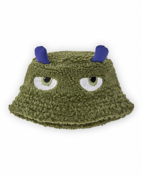 Green sherpa hat for boy with embroidered face and 3D details.