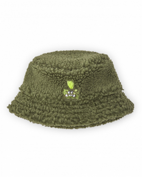 Green sherpa hat for boy with embroidered face and 3D details.