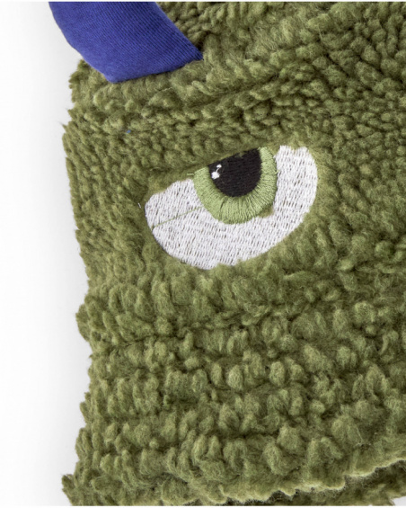 Green sherpa hat for boy with embroidered face and 3D details.