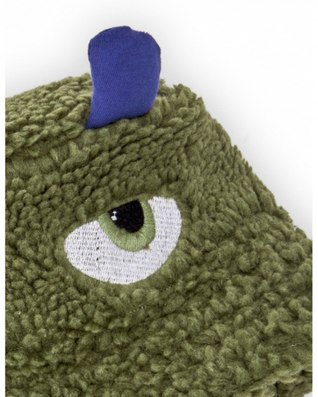 Green sherpa hat for boy with embroidered face and 3D details.