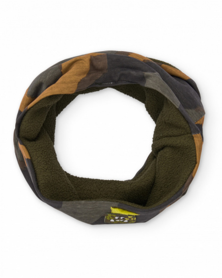 Tubular neck warmer for boy with camouflage print and monster embroidery.