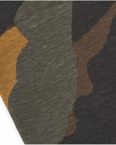 Tubular neck warmer for boy with camouflage print and monster embroidery.