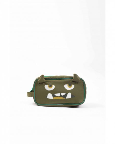 Green toiletry bag for boy with monster face and 3D details