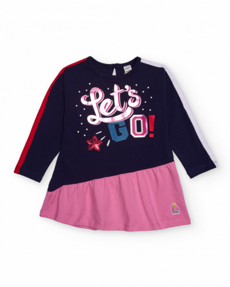 Girl’s dress in navy blue and pink with “Let’s Go!” print and sequin star details. Girl’s dress in navy blue and pink with “Let’s Go!” print and sequin star details.